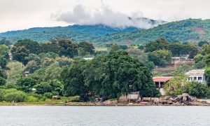 View from Nkhata Bay at Majoka Village with a bicycle cycling from Cairo to Cape Town in malawi.