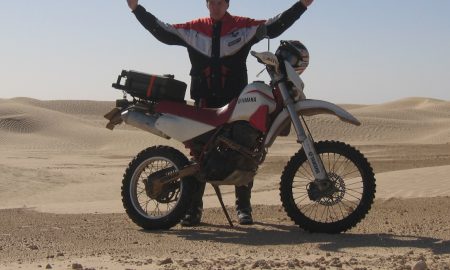 Motorcycle in Sahara in Tunisia, near Douz to Ksar Ghilane.